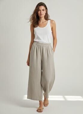 Malin 100% Natural Linen Trouser Wide-Leg  Cropped Pull-On Pants Beige